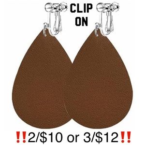 Adjustable Clip On Faux Leather Brown Teardrop Shaped Earrings